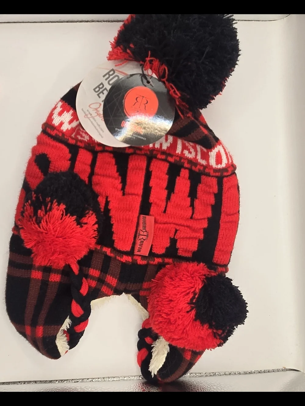 NWT: Robin Ruth Wisconsin Trapper Hat Red Black Plaid Pom Ear Flap Sherpa Lined.